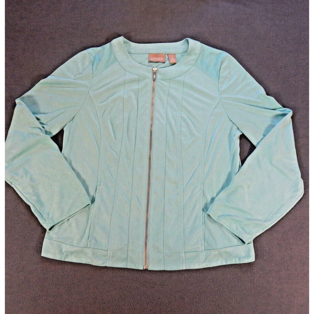 Chicos Womens Shirt Size 1 Med/8 Blue Teal Full Zip Spring Velour Pockets Top